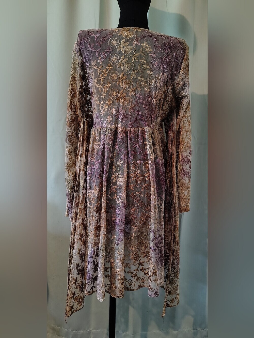 Wednesday's Child Mauve Gold Embroidery Floral Lace Dress Large Boho Vintage - Picture 11 of 16